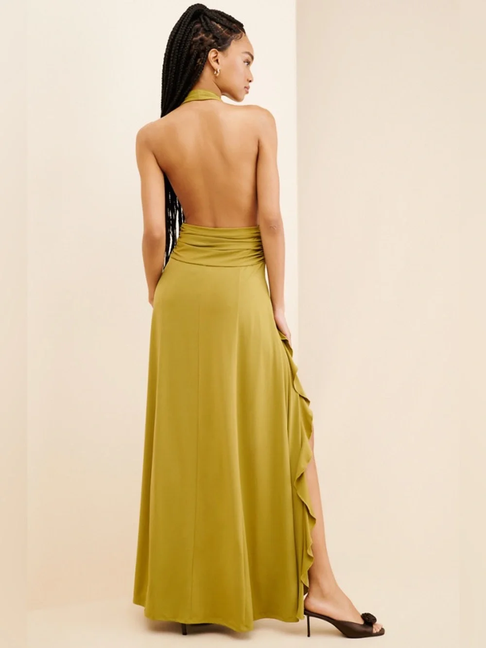 WeWoreWhat Halter Ruffle Maxi Dress Olive Green with Slits & Front Rosette - Picture 2 of 13